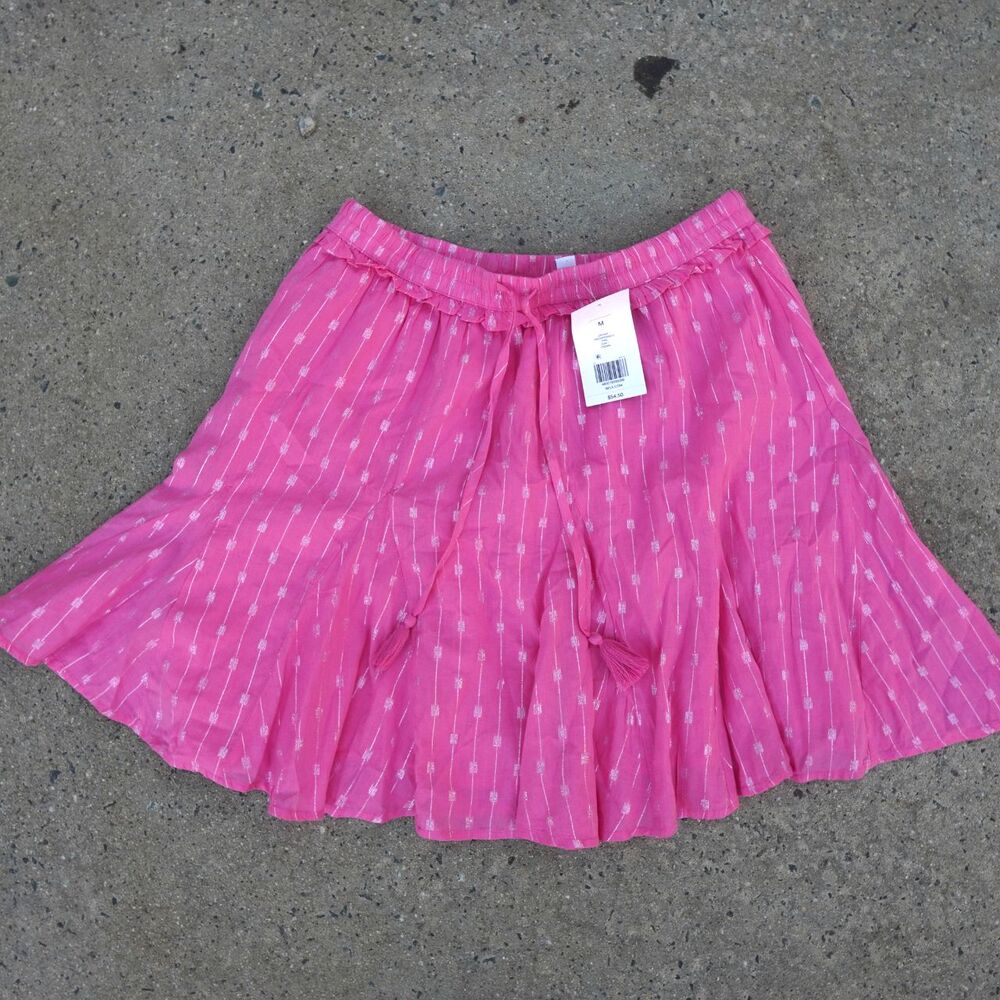 NWT Crown & Ivy Fuchsia Pink Metallic Silver Flare Skirt Drawstring Tassel M